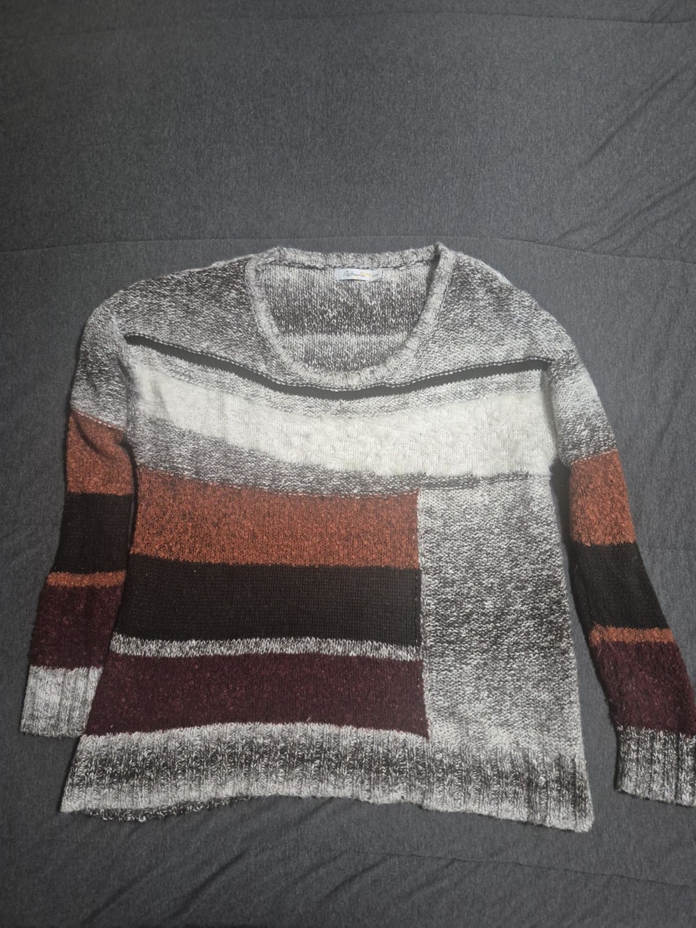 Reitmans Mixed-Stripe Crewneck Sweater in Gray, Rust & Plum